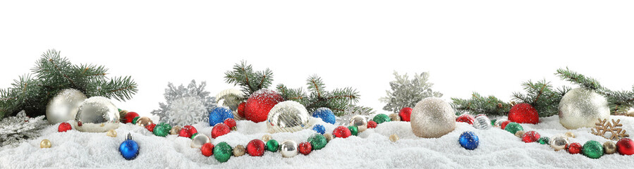 Fototapeta na wymiar Fir branches, Christmas decoration and snow against white background