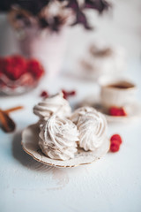 Still life of the homemade Marshmallow zephyr on plate with raw raspberries and a cup of tee on a white table.