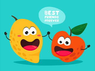 Funny apple and mango with the slogan. Best friends forever. Bright vector illustration with cute fruits in cartoon style. Handwritten text, lettering.