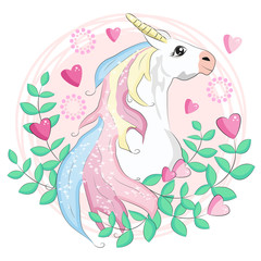 beautiful unicorn card, unicorn head inside a frame of hearts