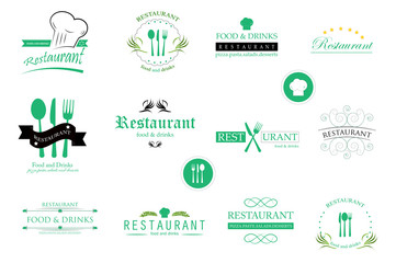 Food And Restaurant Logo Set - Isolated On White Background. Vector Illustration For Cook, Chef, Kitchen, Bar, Hat, Fork And Knife Logo. Restaurant And Food Logo For Bistro, Cook Elements And Labels