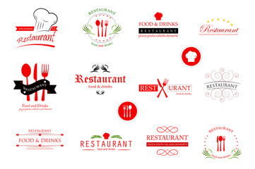 Food And Restaurant Logo Set - Isolated On White Background. Vector Illustration For Cook, Chef, Kitchen, Bar, Hat, Fork And Knife Logo. Restaurant And Food Logo For Bistro, Cook Elements And Labels