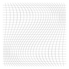 Wavy, waving grid, mesh of thin lines. Squeeze, stretch distort effect. Camber, crook deformation illustration. Distort array of intersect lines. Undulate, billowy warp effect