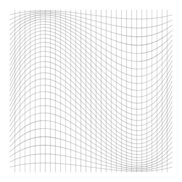 Wavy, waving grid, mesh of thin lines. Squeeze, stretch distort effect. Camber, crook deformation illustration. Distort array of intersect lines. Undulate, billowy warp effect