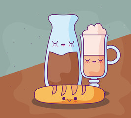 bottles of coffee with delicious food kawaii style