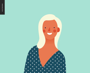 Bright people portrait - hand drawn flat style vector design concept illustration of young blond woman, face and shoulders avatar. Flat style vector icon