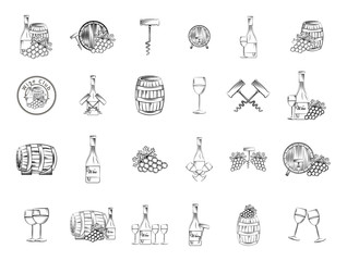 bundle of grapes and wine icons - obrazy, fototapety, plakaty