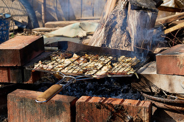 Ruddy chicken kebab is roasted on the grill