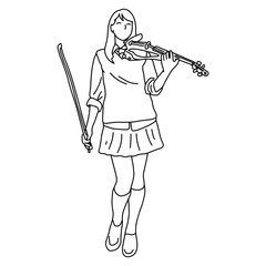woman playing electric modern violin vector illustration sketch doodle hand drawn with black lines isolated on white background