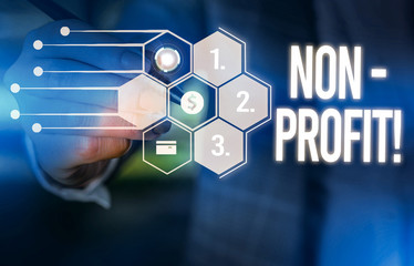 Handwriting text NonProfit. Conceptual photo not making or conducted primarily to make profit organization Male human wear formal work suit presenting presentation using smart device