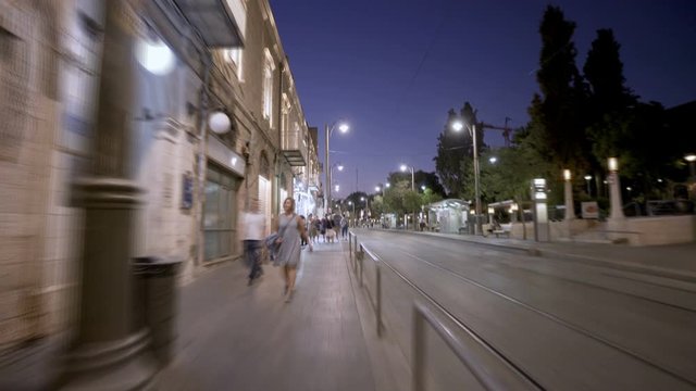 Walking trough night Jerusalem streets, Israel: hyperlapse 4k 