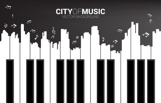 piano key shaped the the big city outline silhouette. Background concept for classic song event and music festival