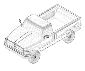 Polygon truck wireframe. Outline of a pickup truck from black lines on a white background. View isometric. 3D. Vector illustration.