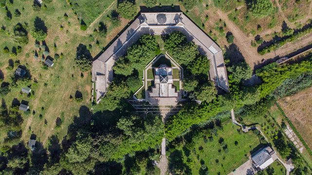Aerial view of small church in Rupite, Bulgaria. Vanga home town