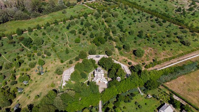Aerial view of small church in Rupite, Bulgaria. Vanga home town