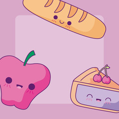 pattern of cake slice with apple and bread kawaii