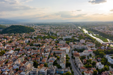 Aerial view of Plovdiv with hills and Maritsa river during sunset