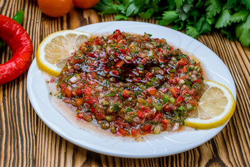 adjika on wooden table turkish cuisine