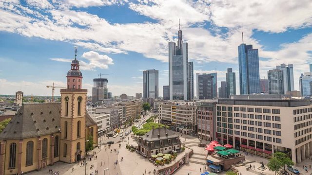 Frankfurt Germany time lapse 4K, aerial view city skyline timelapse at business district skyscraper