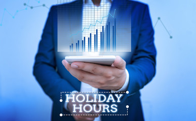 Text sign showing Holiday Hours. Business photo text employee receives twice their normal pay for all hours bar char improvement line smartphone computer office technology device