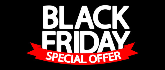 Black Friday, sale poster design template, red ribbon, special offer, vector illustration