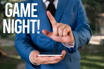 Text sign showing Game Night. Business photo showcasing usually its called on adult play dates like...