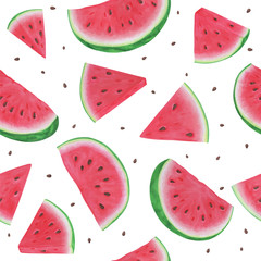 Seamless pattern with watermelon slices on white background. Vector illustration