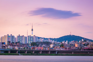 Han River in the evening and n seoul tower behind, seoul, south korea.