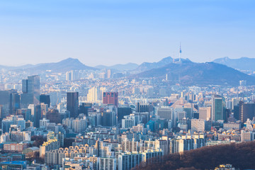 Obraz premium Seoul city and Downtown skyline in aerial, South Korea