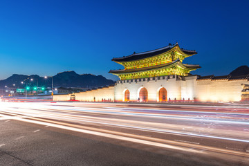 Gyeongbokgung Palace, front of Palace gate in downtown Seoul, South Korea. Name of the Palace 'Gyeongbokgung'