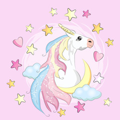 Magic cute unicorn, stars, clouds and moon poster, greeting card, illustration with outline