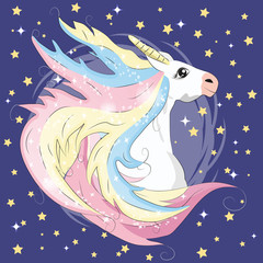 Night sky composition with Unicorn Roses stars and moon crescent isolated on whte background. Festive background or greeting card. Pastel goth palette. Cute girly art.