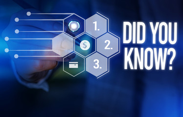 Handwriting text Did You Know Question. Conceptual photo when you are asking someone if they know fact or event Male human wear formal work suit presenting presentation using smart device