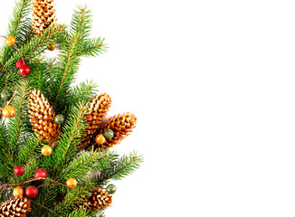 Fototapeta premium Christmas background with spruce branches and pine cones on white background.