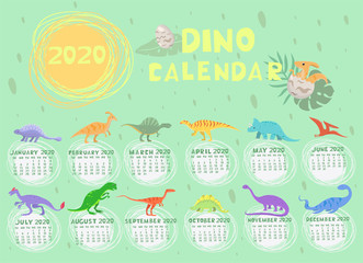 Dino calendar 2020 in pastel colors. Vector graphics.
