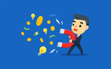 an entrepreneur attracts money and ideas using magnets. vector illustration
