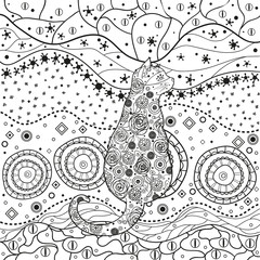 Ornate cat on pattern. Hand drawn abstract patterns on isolation background. Black and white illustration for anti stress colouring page