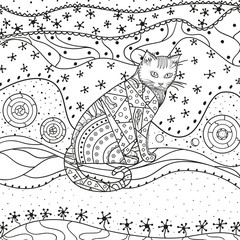 Abstract cat on pattern. Hand drawn waved ornaments on white. Design for spiritual relaxation for adults. Black and white illustration