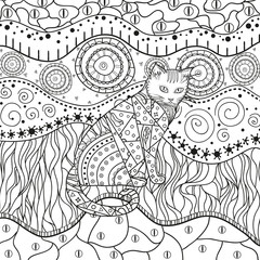 Ornate cat on pattern. Hand drawn abstract patterns on isolation background. Black and white illustration for anti stress colouring page