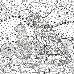Square abstract pattern with dog and cat. Hand drawn patterns. Design for spiritual relaxation for adults. Zen art. Black and white illustration for anti stress colouring page