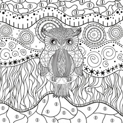 Pattern with owl on white. Hand drawn ornate patterns on isolation background. Design for spiritual relaxation for adults. Black and white illustration for coloring