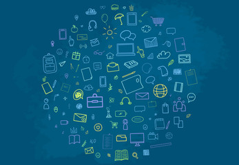 Back to school. Set of different signs. Abstract blackboard. Sketchy background with hand drawn school supplies. Doodle for your business