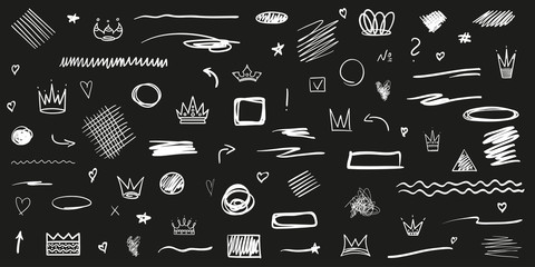 Infographic elements on isolated black background. Hand drawn simple symbols and signs. Black and white illustration © mikabesfamilnaya