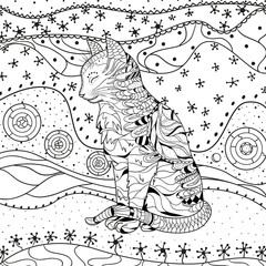 Cat on abstract pattern. Hand drawn abstract patterns on isolation background. Black and white illustration for colouring page