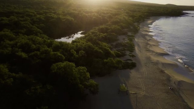 Cinematic Reveal Of A Sunrise Above A Tropical Jungle And Beach