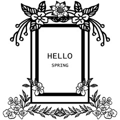 Hello spring calligraphy lettering with floral frame on black and white colors. Vector