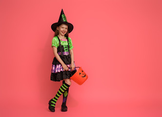 little witch with a pumpkin on pink background