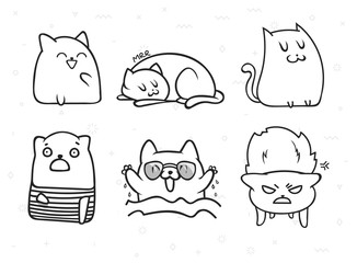 Set of 6 sticker doodle cats with different emotions. Cat handmade. Isolated cat for design. Sleeping cat. Surprised cat. Love cat. Doodle cats. Print cat. Doodle animals. Funny character