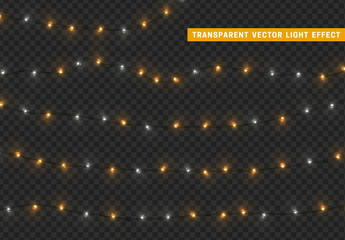 Christmas lights, isolated realistic design elements on transparent background. Xmas decorations glow light garlands white and golden color.