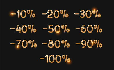 Discounts gold numbers. Elements design sale golden sign. Percentage 10%, 20, 30, 40, 50, 60, 70, 80, 90, 100. From ten to one hundred percent discount